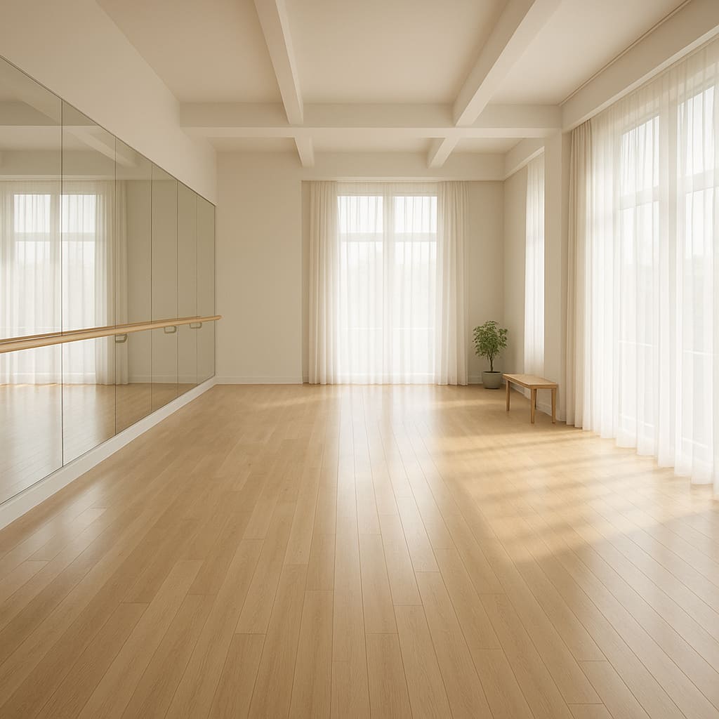 Modernes Tanzstudio in Wien mit Holzfußboden und Spiegeln
